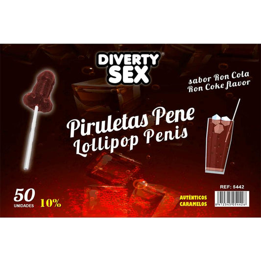 50 Piruletas Forma Pene Sabor Ron Cola 10% Alcohol